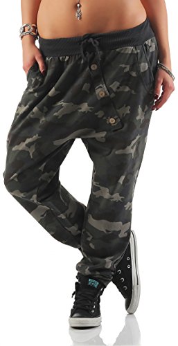 Mississhop 165 Damen Hose Sweatpants Camouflage Militär Print Jogginghose Freizeithose Boyfriend Baggy Pumphose Gummibund Tarnmuster Graphit von Mississhop