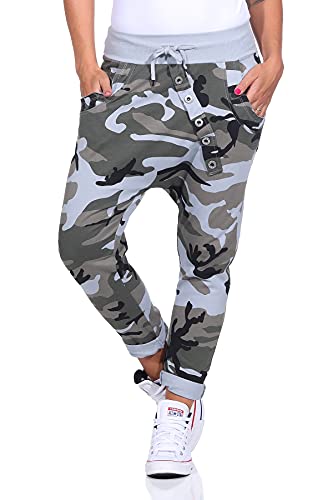 Mississhop 165 Damen Hose Sweatpants Camouflage Militär Print Jogginghose Freizeithose Boyfriend Baggy Pumphose Gummibund Tarnmuster Grau von Mississhop