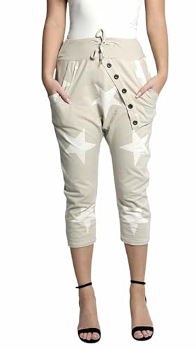 Mississhop 167 Damen Capri Hose Haremshose Ballonhose Pluderhose Pumphose Aladinhose Sommerhose Sternen Print Stern Muster Baggy Pants 3/4 Beige von Mississhop
