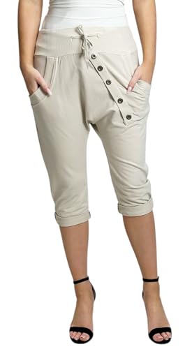 Mississhop 168 Damen Capri Hose Haremshose Ballonhose Pluderhose Pumphose Aladinhose Sommerhose Baggy Pants 3/4 mit Gummibund Beige von Mississhop