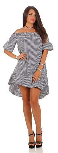 Mississhop 200 Damen Freizeit Kurzarm Kleid Tunika Strandtunika Carmenkleid Kariertes Sommerkleid Bluse Sommerbluse schulterfrei mit Volants One Size S M L Schwarz-Weiß von Mississhop