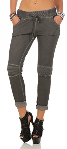 Mississhop 223 Damen Hose Freizeithose Stoffhose Boyfriend Sweatpants im Biker Look mit Bahnendesign am Knie Tunnelzug One Size S M L 36 38 40 Graphit von Mississhop