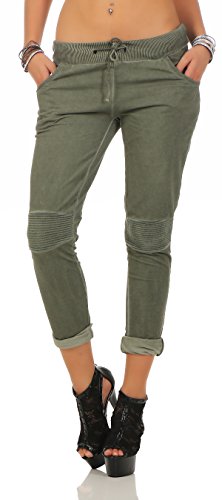 Mississhop 223 Damen Hose Freizeithose Stoffhose Boyfriend Sweatpants im Biker Look mit Bahnendesign am Knie Tunnelzug One Size S M L 36 38 40 Oliv von Mississhop