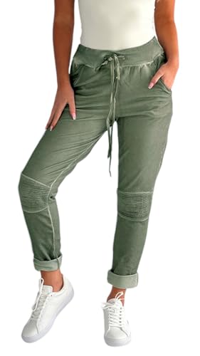 Mississhop 223 Damen Hose Freizeithose Stoffhose Boyfriend Sweatpants im Biker Look mit Bahnendesign am Knie Tunnelzug One Size S M L 36 38 40 Oliv von Mississhop