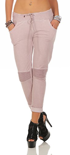 Mississhop 223 Damen Hose Freizeithose Stoffhose Boyfriend Sweatpants im Biker Look mit Bahnendesign am Knie Tunnelzug One Size S M L 36 38 40 Rosa von Mississhop