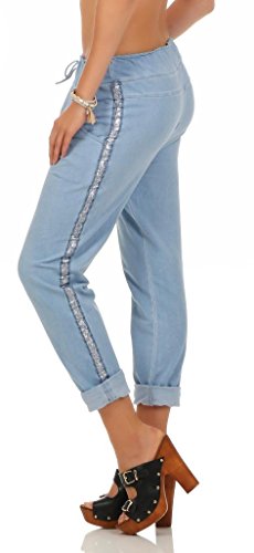 Mississhop 230 Damen Hose Freizeithose Baumwollhose Boyfriend mit Seitlichen Glitzerstreifen Hellblau von Mississhop