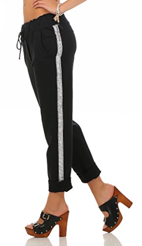 Mississhop 230 Damen Hose Freizeithose Baumwollhose Boyfriend mit Seitlichen Glitzerstreifen Schwarz von Mississhop