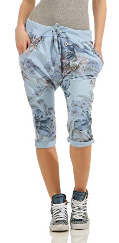 Mississhop 258 Damen Capri Hose Haremshose Ballonhose Pluderhose Pumphose Aladinhose Sommerhose Blumen Print Muster Baggy Pants 3/4 Hellblau von Mississhop