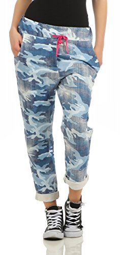 Mississhop 262 Damen Hose Military Sweatpants Jogginghose Baumwolle Freizeithose Boyfriend Baggy Haremshose mit Gummibund Navy Print Blau von Mississhop