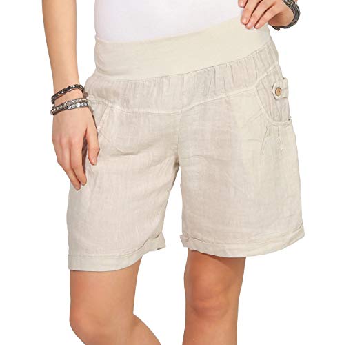 Mississhop 276 Damen Leinenshorts Bermuda lockere Kurze Hose Freizeithose 100% Leinen Shorts Elegante Haremshose mit Knöpfen Sommer Strand Beige L von Mississhop