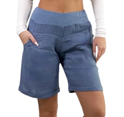 Mississhop 276 Damen Leinenshorts Bermuda – Kurze Sommerhose aus 100% Leinen, luftig, elegant, mit Knöpfen Jeansblau S von Mississhop