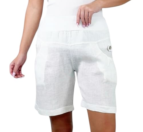 Mississhop 276 Damen Leinenshorts Bermuda – Kurze Sommerhose aus 100% Leinen, luftig, elegant, mit Knöpfen Weiß XL von Mississhop