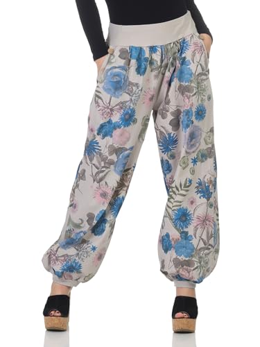 Mississhop 277 Damen leichte Blumenprint Hose Sommerhose Haremshose Ballonhose Blumen Pumphose Aladinhose Sommer Baggy Pants Beige von Mississhop