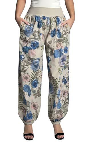 Mississhop 277 Damen leichte Blumenprint Hose Sommerhose Haremshose Ballonhose Blumen Pumphose Aladinhose Sommer Baggy Pants Beige von Mississhop