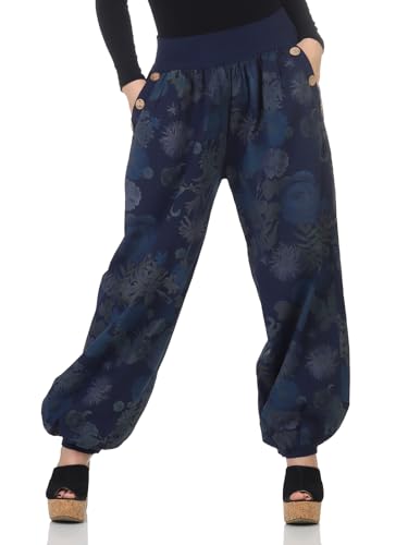 Mississhop 277 Damen leichte Blumenprint Hose Sommerhose Haremshose Ballonhose Blumen Pumphose Aladinhose Sommer Baggy Pants Dunkelblau von Mississhop