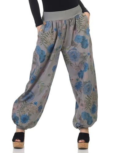 Mississhop 277 Damen leichte Blumenprint Hose Sommerhose Haremshose Ballonhose Blumen Pumphose Aladinhose Sommer Baggy Pants Fango von Mississhop