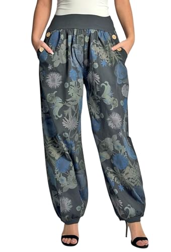 Mississhop 277 Damen leichte Blumenprint Hose Sommerhose Haremshose Ballonhose Blumen Pumphose Aladinhose Sommer Baggy Pants Graphit von Mississhop