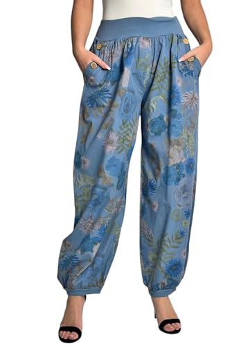 Mississhop 277 Damen leichte Blumenprint Hose Sommerhose Haremshose Ballonhose Blumen Pumphose Aladinhose Sommer Baggy Pants Hellblau von Mississhop