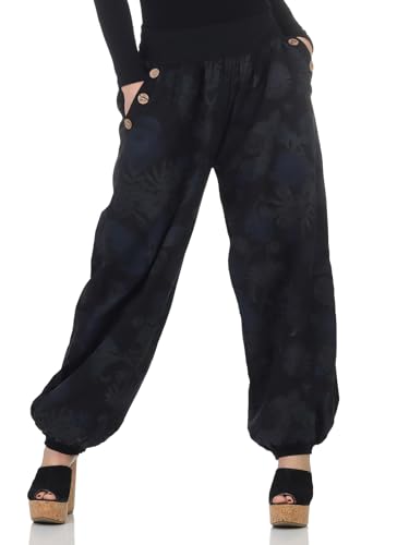 Mississhop 277 Damen leichte Blumenprint Hose Sommerhose Haremshose Ballonhose Blumen Pumphose Aladinhose Sommer Baggy Pants Schwarz von Mississhop