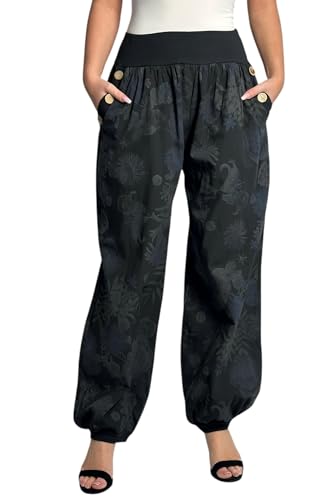 Mississhop 277 Damen leichte Blumenprint Hose Sommerhose Haremshose Ballonhose Blumen Pumphose Aladinhose Sommer Baggy Pants Schwarz von Mississhop