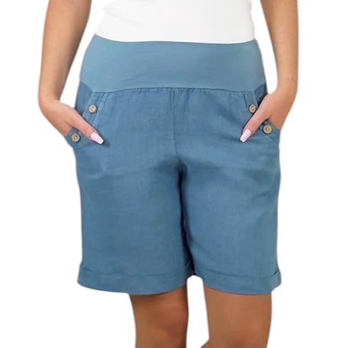 Mississhop 280 Damen Leinenshorts Bermuda – Kurze Sommerhose aus 100% Leinen, luftig, elegant, mit Knöpfen Jeansblau S von Mississhop