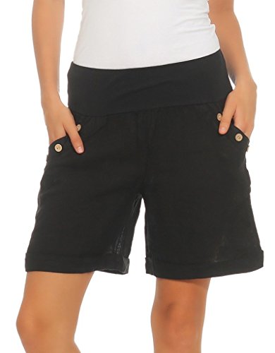 Mississhop 280 Damen Leinenshorts Bermuda lockere Kurze Hose Freizeithose 100% Leinen Shorts Elegante Haremshose mit Knöpfen Sommer Strand Schwarz S von Mississhop