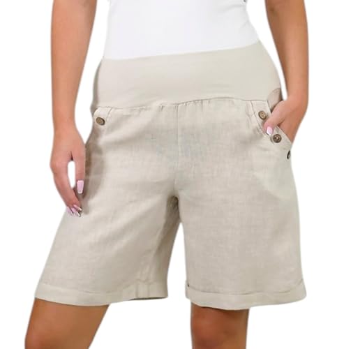 Mississhop 280 Damen Leinenshorts Bermuda lockere Kurze Hose Freizeithose 100% Leinen Shorts mit DREI Knöpfen Sommer Strand Beige M von Mississhop
