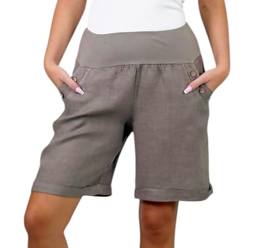Mississhop 280 Damen Leinenshorts Bermuda lockere Kurze Hose Freizeithose 100% Leinen Shorts mit DREI Knöpfen Sommer Strand Fango L von Mississhop