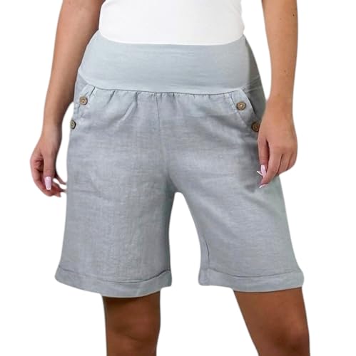Mississhop 280 Damen Leinenshorts Bermuda lockere Kurze Hose Freizeithose 100% Leinen Shorts mit DREI Knöpfen Sommer Strand Grau L von Mississhop