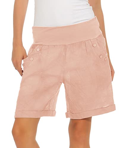 Mississhop 280 Damen Leinenshorts Bermuda lockere Kurze Hose Freizeithose 100% Leinen Shorts mit DREI Knöpfen Sommer Strand Lachsfarbe L von Mississhop