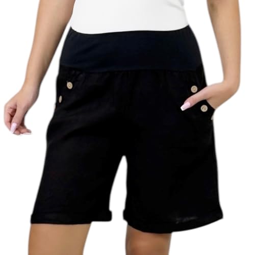 Mississhop 280 Damen Leinenshorts Bermuda lockere Kurze Hose Freizeithose 100% Leinen Shorts mit DREI Knöpfen Sommer Strand Schwarz XL von Mississhop