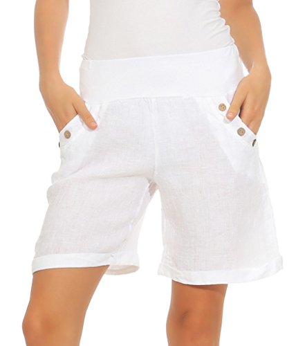 Mississhop 280 Damen Leinenshorts Bermuda lockere Kurze Hose Freizeithose 100% Leinen Shorts mit DREI Knöpfen Sommer Strand Weiß M von Mississhop