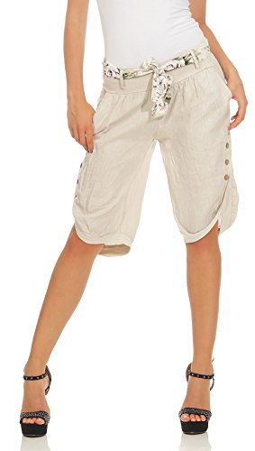 Mississhop 281 Damen Capri 100% Leinen Bermuda lockere Kurze Hose Freizeithose Shorts mit Gürtel und Knöpfen Beige M von Mississhop