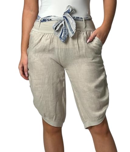 Mississhop 281 Damen Capri 100% Leinen Bermuda lockere Kurze Hose Freizeithose Shorts mit Gürtel und Knöpfen Beige XL von Mississhop