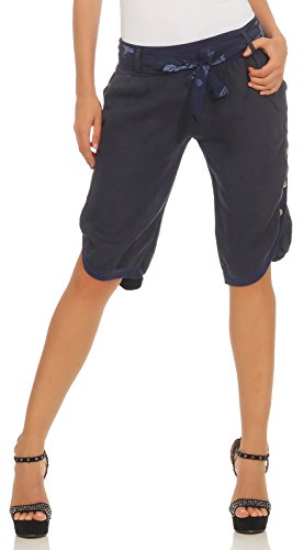 Mississhop 281 Damen Capri 100% Leinen Bermuda lockere Kurze Hose Freizeithose Shorts mit Gürtel und Knöpfen Dunkelblau M von Mississhop