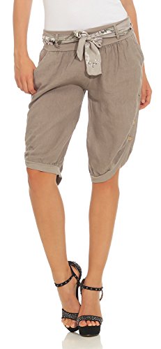 Mississhop 281 Damen Capri 100% Leinen Bermuda lockere Kurze Hose Freizeithose Shorts mit Gürtel und Knöpfen Fango M von Mississhop