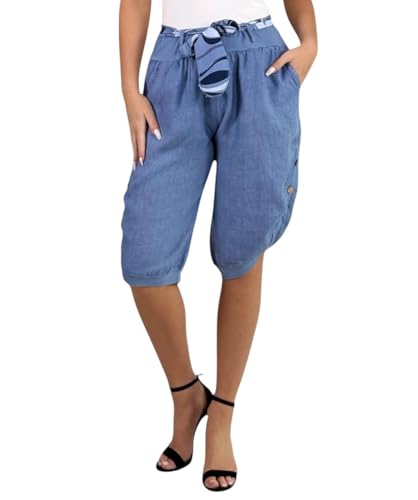 Mississhop 2081 Damen Leinen Bermuda Shorts 100% Leinen, kurz, bequem, luftige Freizethose Jeansblau XL von Mississhop
