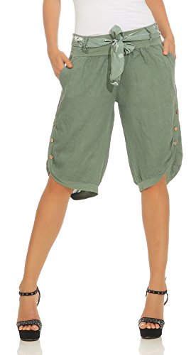 Mississhop 281 Damen Capri 100% Leinen Bermuda lockere Kurze Hose Freizeithose Shorts mit Gürtel und Knöpfen Oliv M von Mississhop