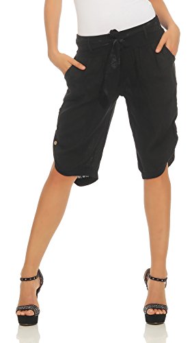 Mississhop 281 Damen Capri 100% Leinen Bermuda lockere Kurze Hose Freizeithose Shorts mit Gürtel und Knöpfen Schwarz L von Mississhop