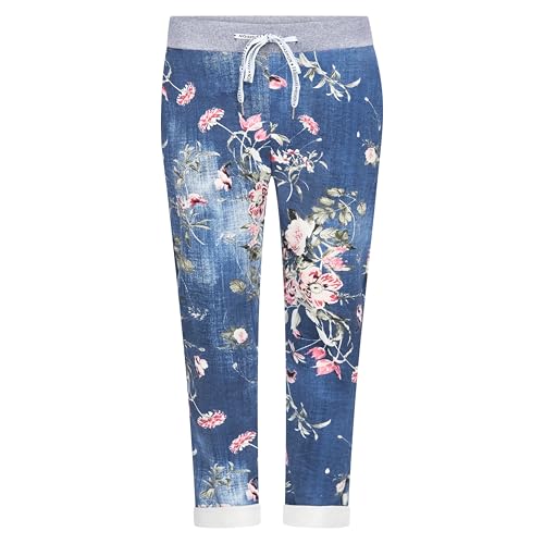 Mississhop 287 Damen Hose Cargohose Blumen Sweatpants Jogginghose Baumwolle Freizeithose Boyfriend Dunkelblau Rosa Model 34 von Mississhop