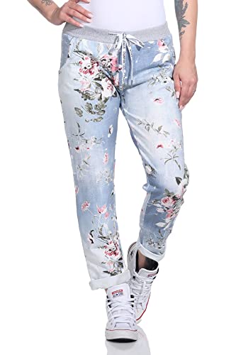 Mississhop 287 Damen Hose Cargohose Blumen Sweatpants Jogginghose Baumwolle Freizeithose Boyfriend Hellblau Rosa Model 35 von Mississhop