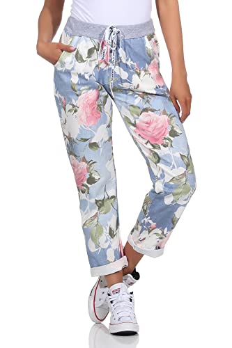 Mississhop 287 Damen Hose Cargohose Blumen Sweatpants Jogginghose Baumwolle Freizeithose Boyfriend Hellblau Rosa Model 37 von Mississhop