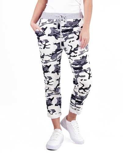 Mississhop 287 Damen Hose Cargohose Blumen Sweatpants Jogginghose Baumwolle Freizeithose Boyfriend Militär weiß grau Modell 20 von Mississhop