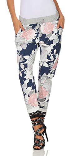 Mississhop 287 Damen Hose Cargohose Blumen Sweatpants Jogginghose Baumwolle Freizeithose Boyfriend Model 2 (Blau rosa-weiß Blumen) von Mississhop