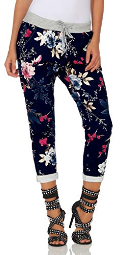 Mississhop 287 Damen Hose Cargohose Blumen Sweatpants Jogginghose Baumwolle Freizeithose Boyfriend Model 3 (Blau rosa-blau Blumen) von Mississhop