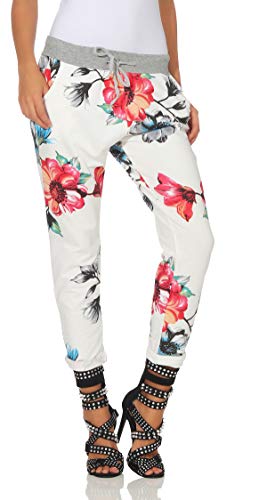 Mississhop 287 Damen Hose Cargohose Blumen Sweatpants Jogginghose Baumwolle Freizeithose Boyfriend Model 5 (Weiße Rosa Blumen) von Mississhop