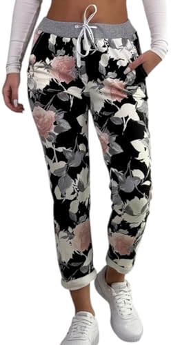 Mississhop 287 Damen Hose Cargohose Blumen Sweatpants Jogginghose Baumwolle Freizeithose Boyfriend Modell 2 Schwarz von Mississhop