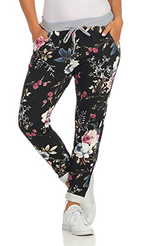 Mississhop 287 Damen Hose Cargohose Blumen Sweatpants Jogginghose Baumwolle Freizeithose Boyfriend Modell 3 Schwarz von Mississhop