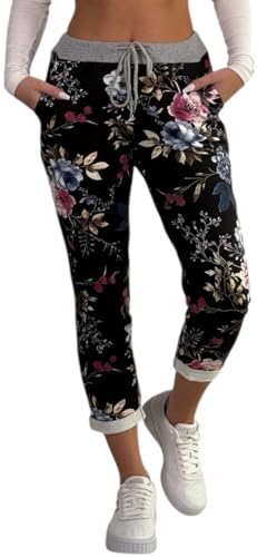 Mississhop 287 Damen Hose Cargohose Blumen Sweatpants Jogginghose Baumwolle Freizeithose Boyfriend Modell 3 Schwarz von Mississhop
