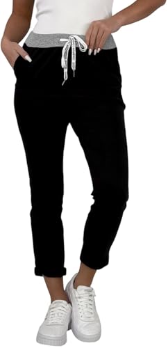 Mississhop 287 Damen Hose Cargohose Blumen Sweatpants Jogginghose Baumwolle Freizeithose Boyfriend Uni schwarz Model 32 von Mississhop